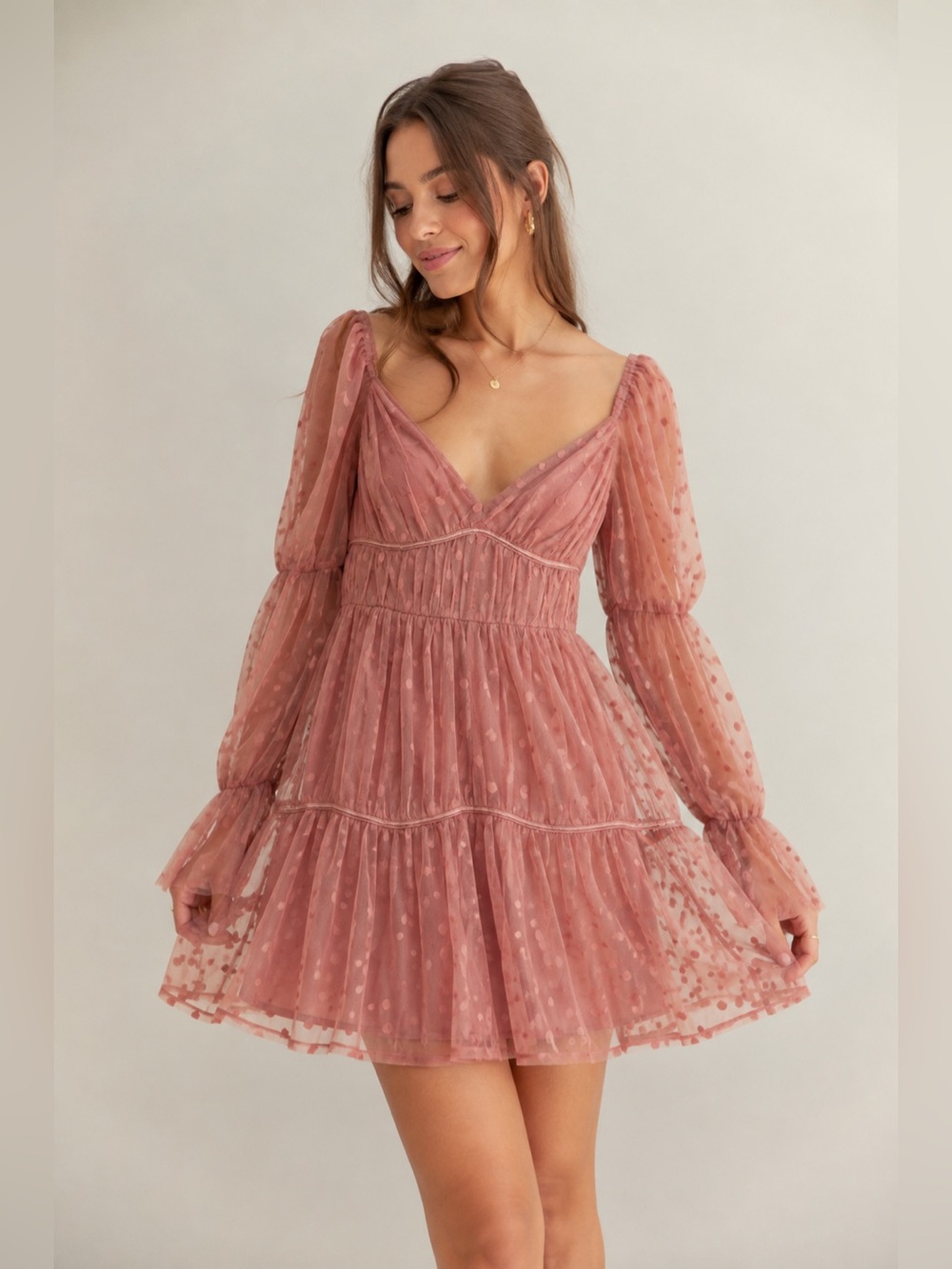 ASOS Design Pink Polka Dot Mesh Long Sleeve Sweetheart Tiered Dress Size 8 New
